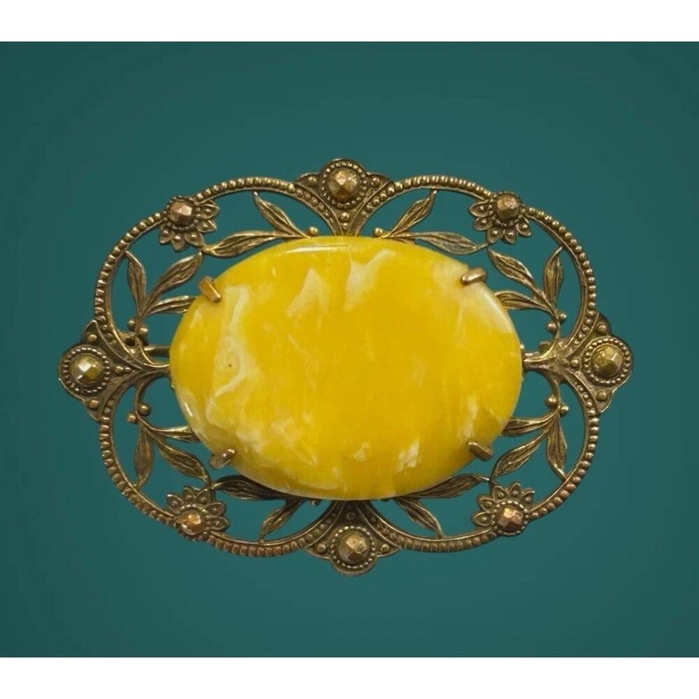 Vintage Amber Cabochon Brooch Filigree Bronze Tone Victorian Revival Mothers Day